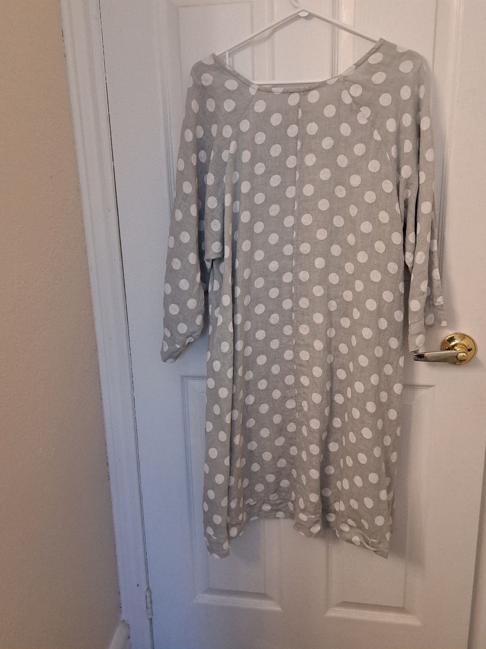 Polka Dot Linen Midi Dress in Light Gray and White